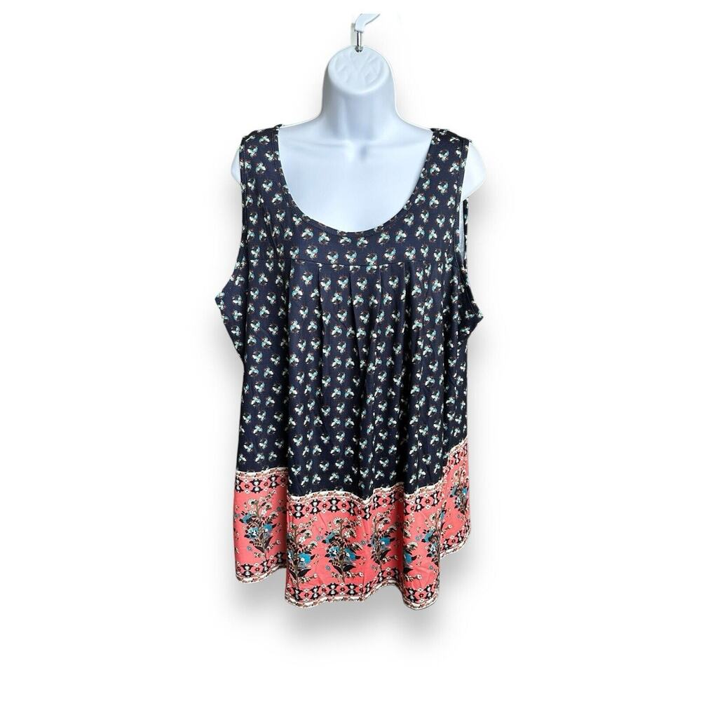 New Bloomchic Bandana Print Round Neck Tank Top Navy Pink Floral Pintuck 14/16